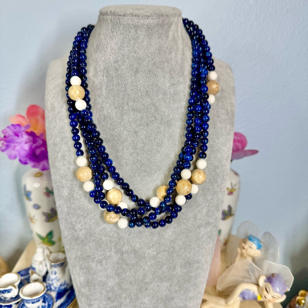 Vintage Stone Four Strand Necklace 16” Blue, Tan & White